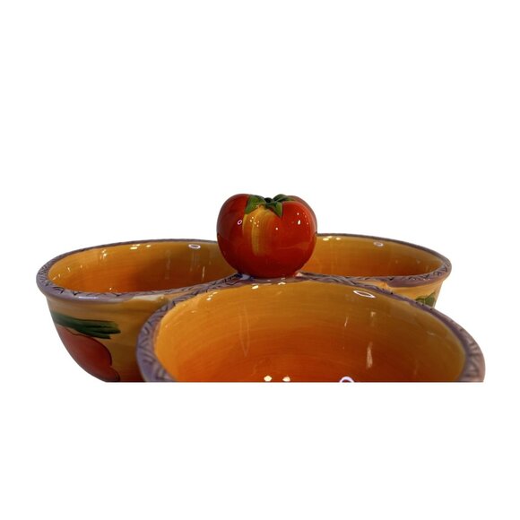 Clay Art TriBowl Tomato Topper Condiment Holder Handpaint Fruit & Veggie Design - Picture 5 of 9